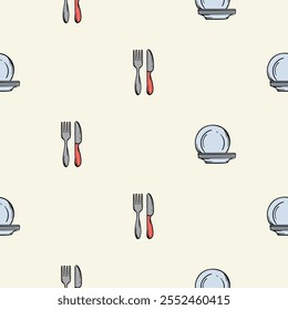 Simple seamless pattern with cutlery, fork, knife and plates. Vector background for design of kitchen, cafe, restaurant, wrapping paper, print