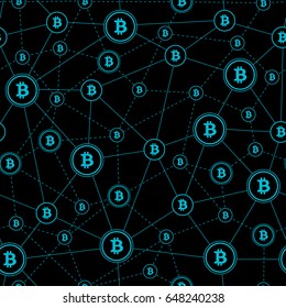 simple seamless pattern, cyan symbols of bitcoin on black background, vector illustration