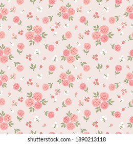 Simple seamless pattern with decorative roses and leaves. Floral background for textile, fabric manufacturing, wallpaper, covers, surface, print, gift wrap, scrapbooking.