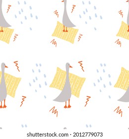 Simple seamless pattern design with cute geese and pillow hand drawn vector illustration, use for textiles, paper, baby stuff 
