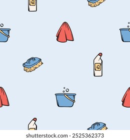 Simple seamless pattern with detergents, bucket, rag. Vector background for design in the service sector, dry cleaning, cleaning company. Set of icons, signs, symbols related to hygiene, cleanliness