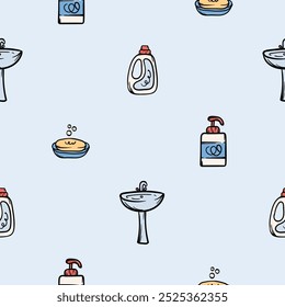 Simple seamless pattern with detergents and hygiene products. Vector background for design in the service sector, dry cleaning, cleaning company. Set of icons, signs related to hygiene, cleanliness