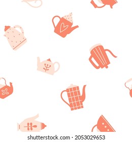 Einfaches nahtloses Muster mit verschiedenen Wasserkochern. Cute Vektorhintergrund für Gewebe, Textilien, Druck, Wrapper, Tapete, Oberflächendesign. Flache, endlose Illustration mit Teeköpfen