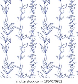 Simple seamless pattern of different types of field grasses, branches. Seaweed. Plant ornamentation of line art elements. Concept of ecology, environment, nature conservation. For paper, covers