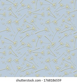 Simple seamless pattern with dill inflorescences and seeds. Endless texture with hand drawn yellow elements and gray shadows on light blue background. Home, food, garden, kitchen concept.