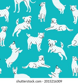 Simple seamless pattern with dogs in the Memphis geometric style on blue background. 