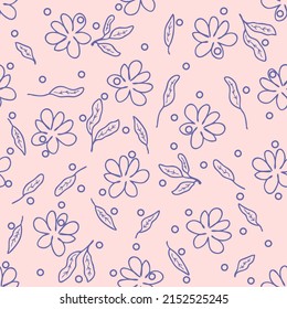 Simple seamless pattern with doodle flowers, leaves and drops. Summer floral print for fabric, paper, stationery. Hand drawn vector illustration for decor and design.


