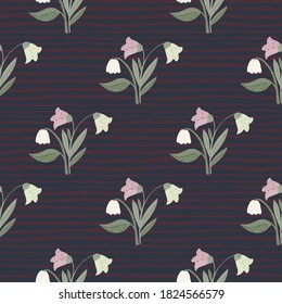 Simple seamless pattern with doodle village flowers silhouettes. Forest botanic stylized ornament on dark stripped background. For fabric design, textile print, wrapping, cover. Vector illustration