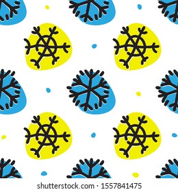 Simple seamless pattern with doodles snowflakes and blue and yellow spots on a white background