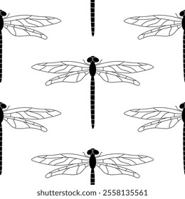 A simple seamless pattern with dragonfly silhouette. Banner, wallpaper, fabric, textile, wrapping paper, packaging, background template.