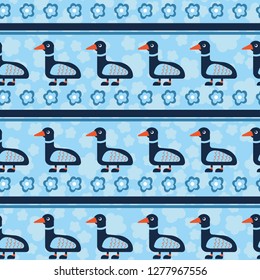 Simple seamless pattern with ducks and flowers and stripes on blue background, rustic for textile, decor, napkins, wrapping paper, Wallpaper, baby clothes.