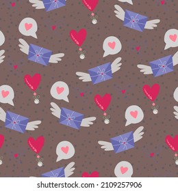 Simple seamless pattern. Envelopes with wings, hearts. Valentine's Day background. Flat design in boho style.