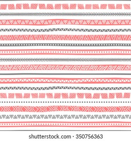 Simple seamless pattern. Ethnic ornament. Drawing by hand. Grey and pink stripes on a white background. Vector illustration.