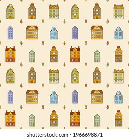 Simple seamless pattern with european holland houses and trees. Colorful old historical buildings. Vector flat illustration retro style
