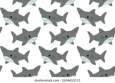 Simple seamless pattern featuring gray sharks swimming on a white background, perfect for marine-themed projects