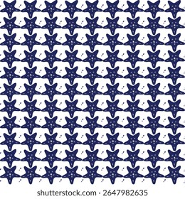 Simple seamless pattern featuring hand-drawn navy starfish on a clean white background. Perfect for nautical themes, coastal decor, textiles, and summer designs, embracing minimalist marine trends.