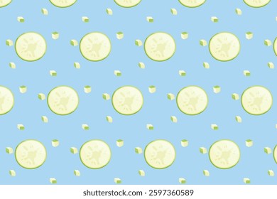 A simple seamless pattern featuring light green cucumber slices and seeds on a soft blue background. Great for fresh food labels, wrapping paper, or kitchen decor.