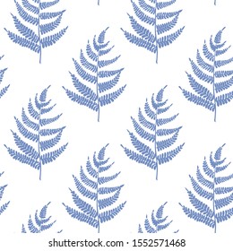 Simple seamless pattern of fern leaves. Vector ornament blue and white.