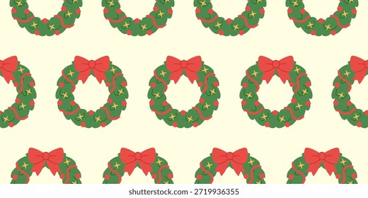 Patrón simple sin fisuras con coronas de Navidades festivas decoradas con arcos rojos, bolas, estrellas. Ilustración plana linda para el papel de embalaje de vacaciones, embalaje, textiles, impresión, fondo, decoración de temporada.