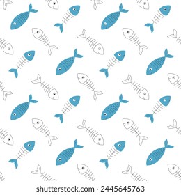 Simple seamless pattern with fish and a fish skeleton. For pet products design. Cartoon flat vector illustrations on white background.