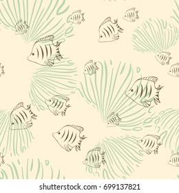 Simple seamless pattern with fishes and seaweed. Vector illustration