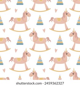 A simple seamless pattern in a flat style. Unicorn. For decoration of children's room, textiles, wrapping paper, wallpaper. Vector.