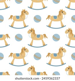 A simple seamless seamless pattern in a flat style. Rocking horse. For decoration of children's room, textiles, wrapping paper, wallpaper. Vector.