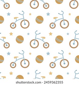 A simple seamless pattern in a flat style. Children's tricycle. For decorating children's room, textiles, wrapping paper, wallpaper. Vector.