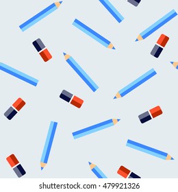 A simple seamless pattern in flat style. Blue pencils and school blue and red erasers on a light background.