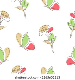 Simple seamless pattern, flower and butterfly pattern on white background, for fabrics, wrapping paper, cover, textile, background, tablecloth