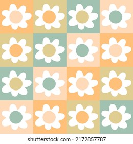 Simple seamless pattern with flowers in hippie aesthetic style. Floral background for T-shirt, poster, card and print. Hand drawn vector illustration for decor and design.

