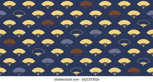 Simple seamless pattern, folding fans in golden and blue tones