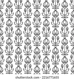 Simple seamless pattern with folk linear flowers. Black and white. Vintage, retro style texture for textile, fabric, home decor, wallpaper. Abstract bohemian line art background. Stylized florals