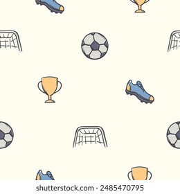 Simple seamless pattern with football attributes, sneakers, ball, goal and winner's cup. Repeating background for the design of a sports hall, stadium. Design for banner, signboard, poster