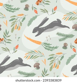 Simple seamless pattern with forest animal, leaves