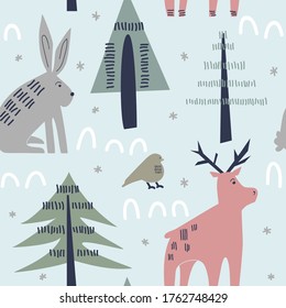 Simple seamless pattern with forest animals in flat style. Winter vector illustration for wallpaper, scrapbooking, fabric, textile design