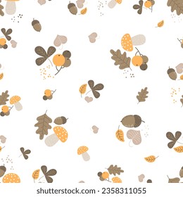 Einfaches, nahtloses Muster mit Motiven aus dem Wald in Pastellfarben auf weißem Hintergrund. Design für Packpapier, Tapeten, Gewebe, Textilien