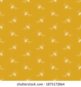 Simple seamless pattern of freehand sketch of flying bees, drawn and digitized, in two colors. Vector illustration for fashion, package design, wallpaper, textile, fabric, wrapping paper.