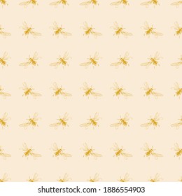 Simple seamless pattern of freehand sketches of flying bees, drawn and digitized, in two colors. Vector illustration for fashion, package design, wallpaper, textile, fabric, wrapping paper.