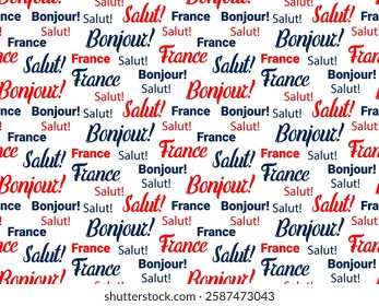 simple seamless pattern with French words: France, bonjour and salute for wrapping paper, background, cover