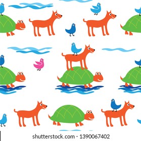 Simple seamless pattern with funny turtles, dogs and birds for kids textiles, wallpapers, gift wraps and scrapbook. Vector.