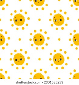 simple seamless pattern with funny yellow suns with face. Cute childish art with sun on white background. Baby design and print, fabric design, wall art, wrapping papper