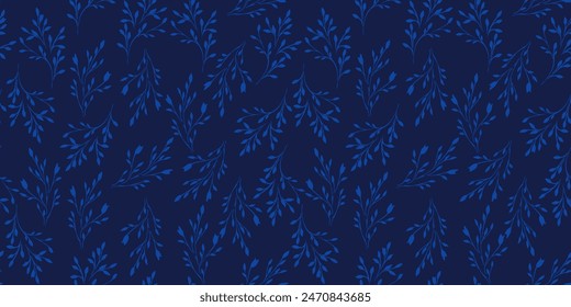 Simple seamless pattern with gently tiny branches and small leaves. Abstract little blue plants stems printing on a dark background. Vector hand drawing sketch. Ornament for designs, fabric, textiles