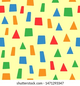 Simple seamless pattern with geometric shapes. Endless print for children. Vector illustration. Yellow, green, red, orange, blue.