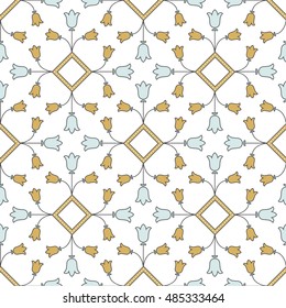 Simple seamless pattern with geometric tulips made in line style. Can be used as invitation, envelope, greeting card, brochure, flyer.
