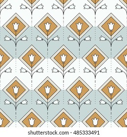 Simple seamless pattern with geometric tulips made in line style. Can be used as invitation, envelope, greeting card, brochure, flyer.