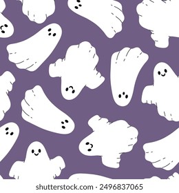 Simple seamless pattern with ghosts on a purple background. Vector graphics.