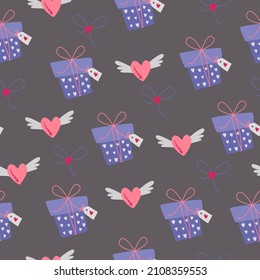 Simple seamless pattern. Gifts and hearts with wings. Valentine's Day background. Flat design in boho style.
