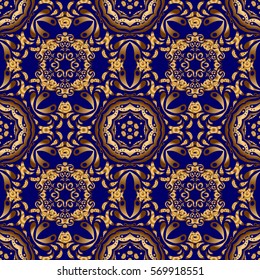 Simple seamless pattern - gold stars on a blue background. Vintage ornament. Vector illustration.