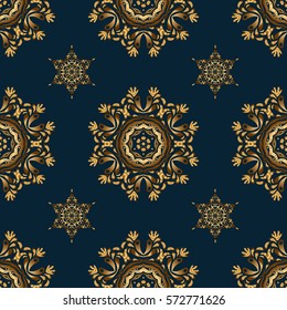 Simple seamless pattern - gold stars on a blue background. Vintage ornament. Vector illustration.